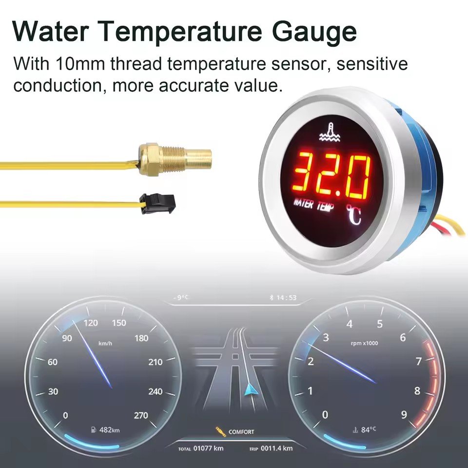 52mm Water Temperature Gauge Car Digital Meter LED Display 9-36V with Temperature Sensor Alarm Function
