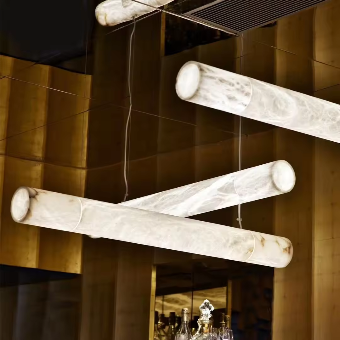 Modern Luxury Decorative Marble Brass Chandelier Led Light High Ceiling Pendant Lights Natural Alabaster Modern Circular Column