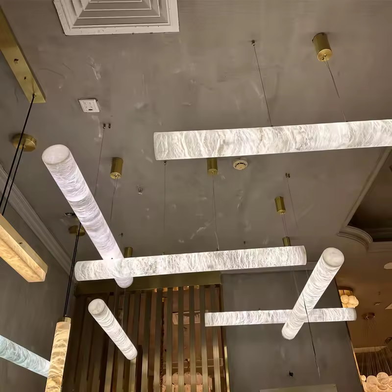 Modern Luxury Decorative Marble Brass Chandelier Led Light High Ceiling Pendant Lights Natural Alabaster Modern Circular Column