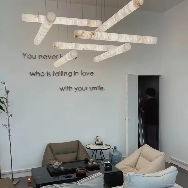 Modern Luxury Decorative Marble Brass Chandelier Led Light High Ceiling Pendant Lights Natural Alabaster Modern Circular Column