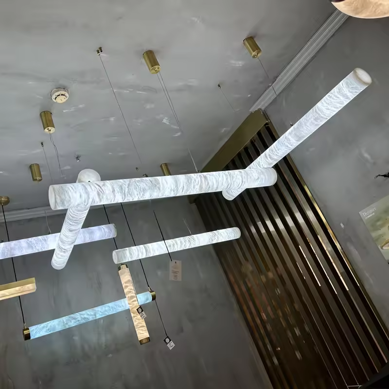 Modern Luxury Decorative Marble Brass Chandelier Led Light High Ceiling Pendant Lights Natural Alabaster Modern Circular Column
