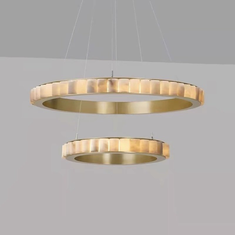 Pendant Light Decoration Atmosphere Light Bar Hotel Luxury Circular Villa Hall Brass Alabaster Ring Light Round Chandelier