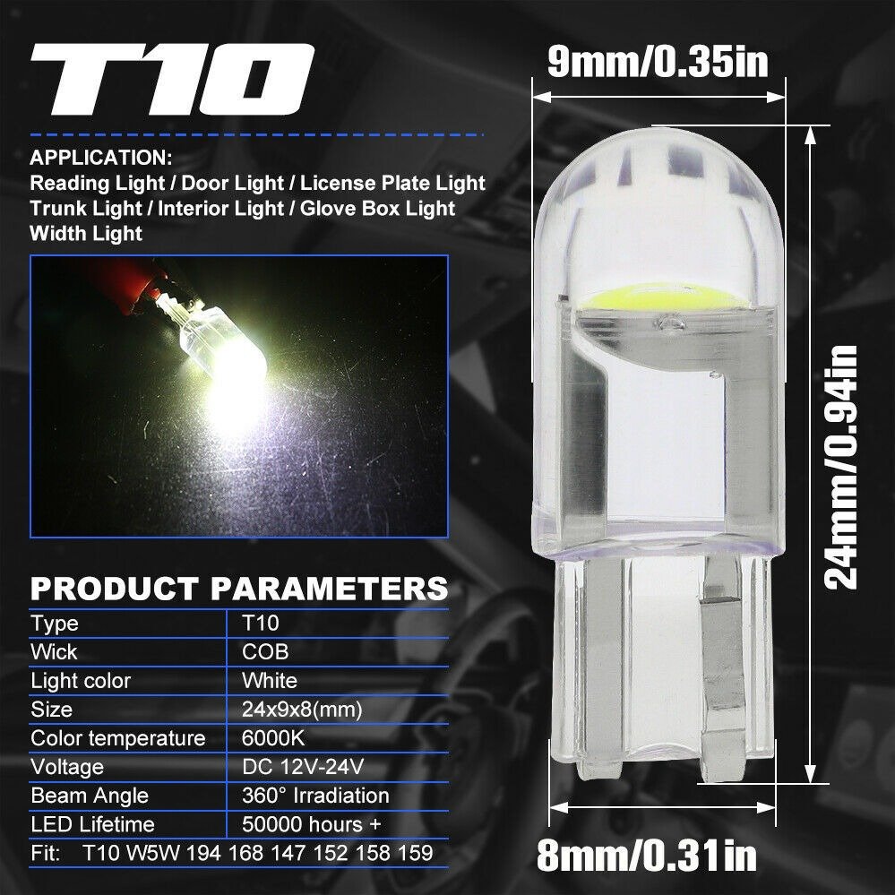 T10 Crystal Transparent Integrated LED Car Light W5W License Plate Reading Light COB High Brightness Car Exterior Accessories