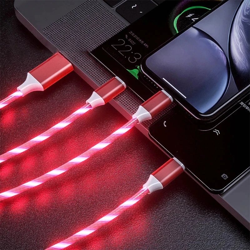 LED Flowing 3 IN 1 USB Cable Micro USB Type C Bright Glowing Charger Cord 1.2M Fast Charging For Huawei Honor Xiaomi Redmi Cable