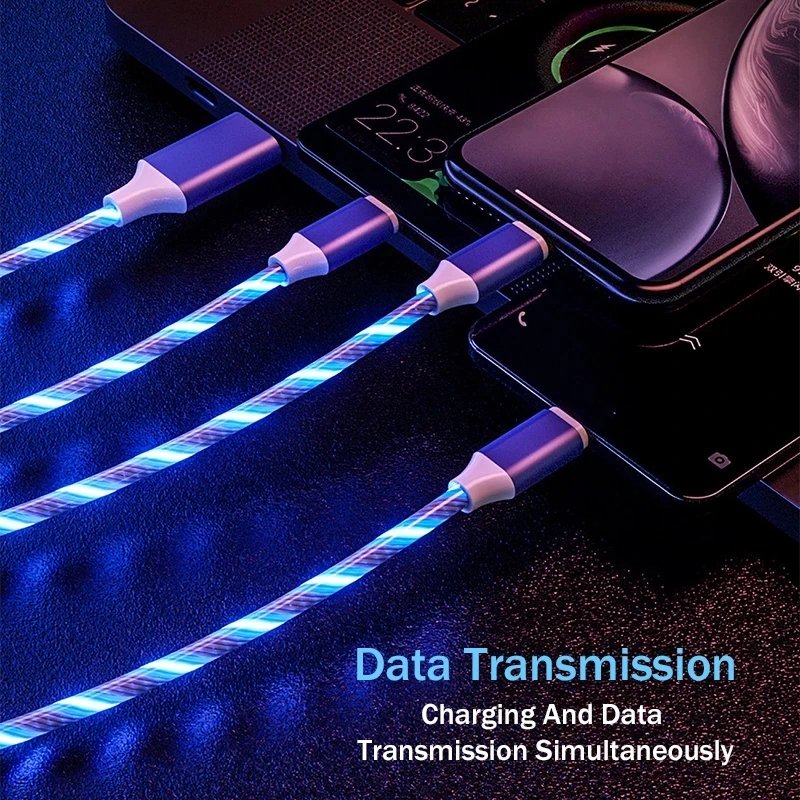 LED Flowing 3 IN 1 USB Cable Micro USB Type C Bright Glowing Charger Cord 1.2M Fast Charging For Huawei Honor Xiaomi Redmi Cable