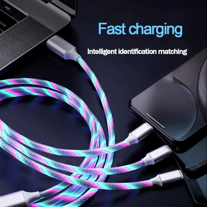 LED Flowing 3 IN 1 USB Cable Micro USB Type C Bright Glowing Charger Cord 1.2M Fast Charging For Huawei Honor Xiaomi Redmi Cable