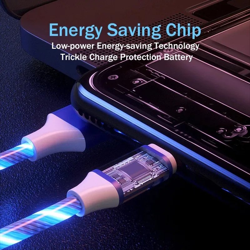 LED Flowing 3 IN 1 USB Cable Micro USB Type C Bright Glowing Charger Cord 1.2M Fast Charging For Huawei Honor Xiaomi Redmi Cable
