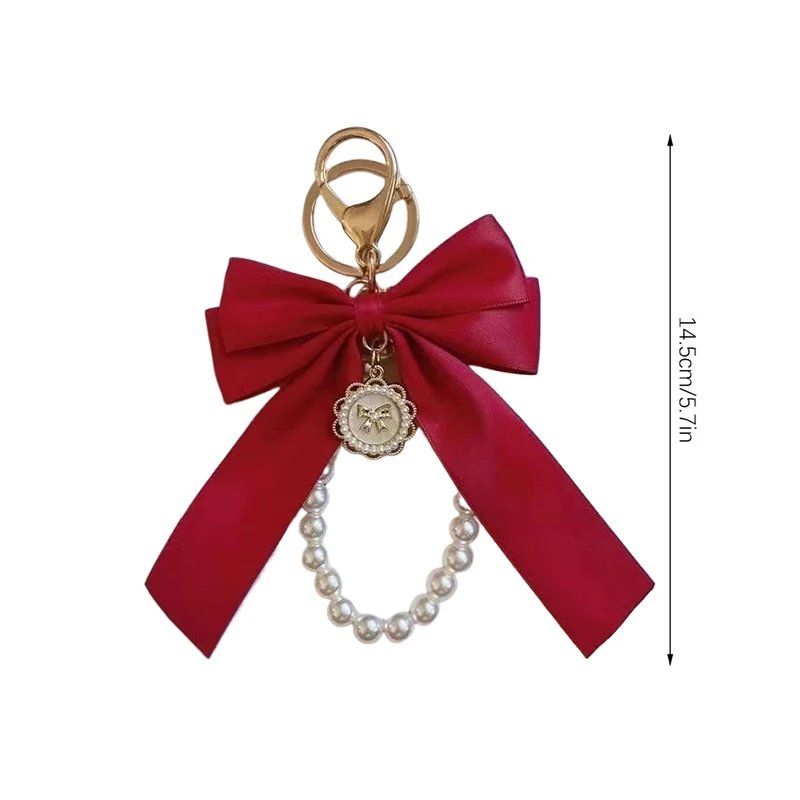 Key Bag Pendant Accessories Faux Pearl Bow Keychain Cute Beaded Bracelet Key Chain For Purse Bag Backpack Car Charm Ribbon