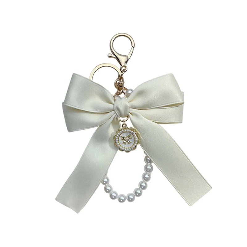 Key Bag Pendant Accessories Faux Pearl Bow Keychain Cute Beaded Bracelet Key Chain For Purse Bag Backpack Car Charm Ribbon