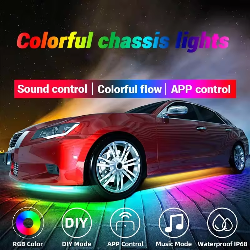 Custom RGBIC Dream Color Chasing car accessories Rainbow Under Glow Waterproof 4pcs Underbody Underglow Car LED Strip Light Kit