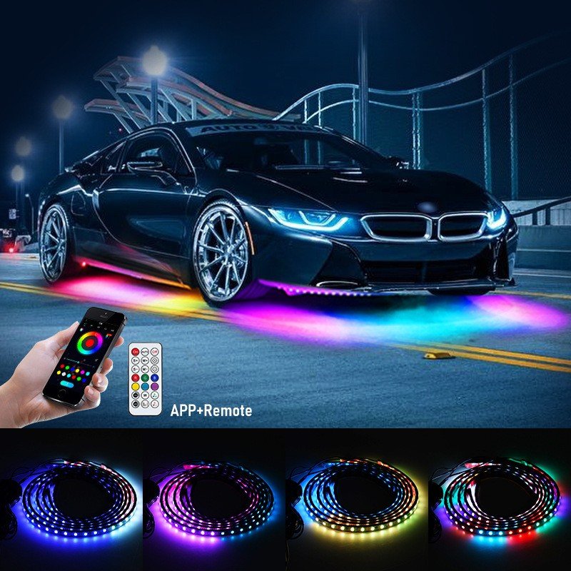 Custom RGBIC Dream Color Chasing car accessories Rainbow Under Glow Waterproof 4pcs Underbody Underglow Car LED Strip Light Kit