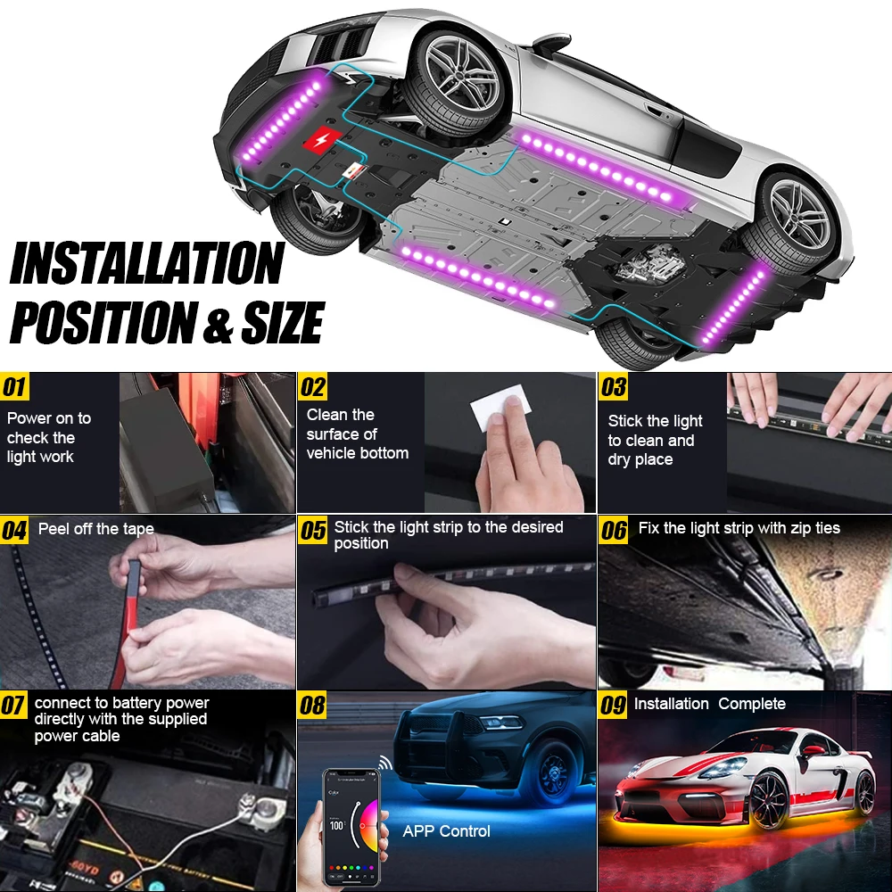 Custom RGBIC Dream Color Chasing car accessories Rainbow Under Glow Waterproof 4pcs Underbody Underglow Car LED Strip Light Kit