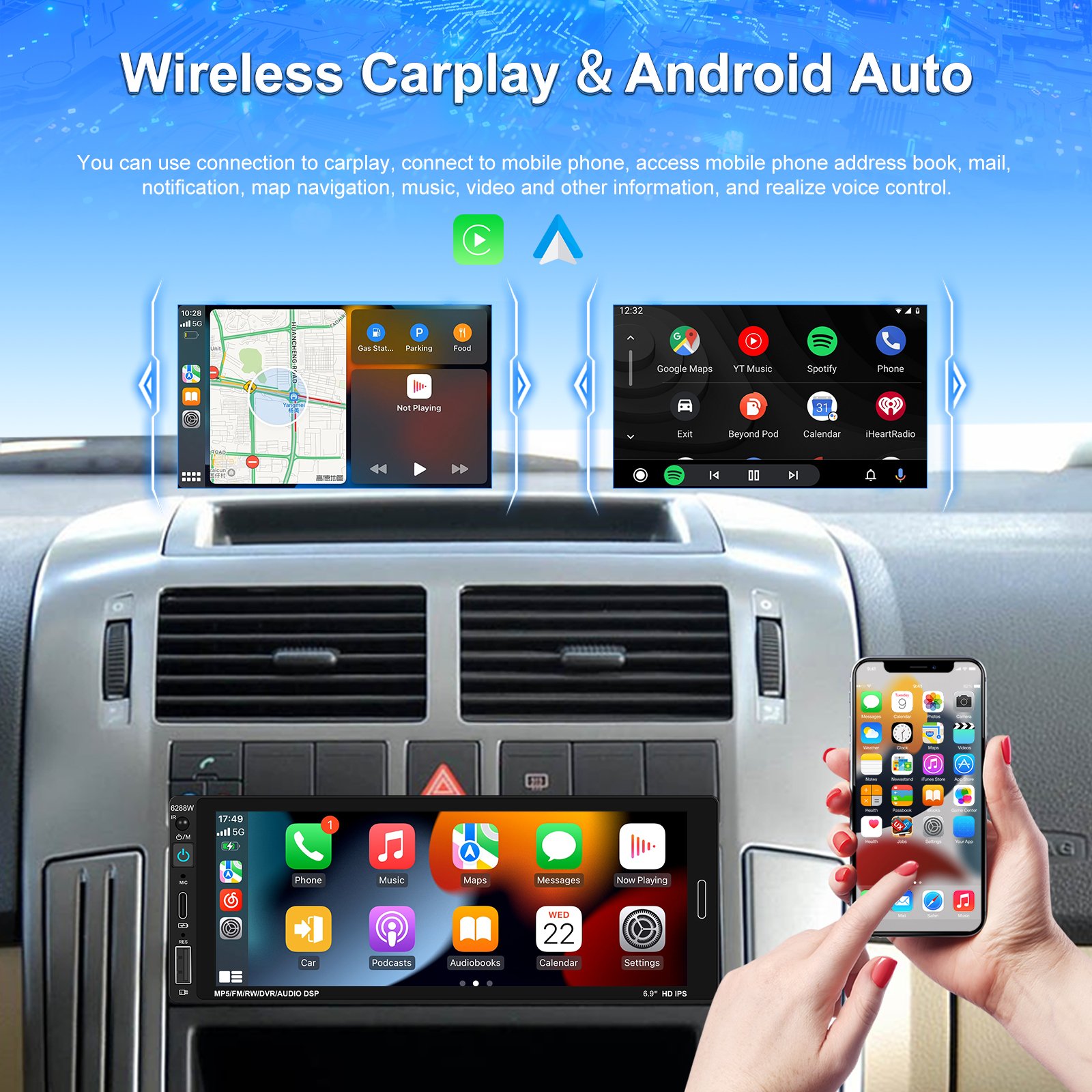 Podofo 6.86 Inch Wireless Carplay 1Din Car MP5 Player Touch Screen Android Auto BT TF AUX USB TYPE-C Rear View Camera Factory