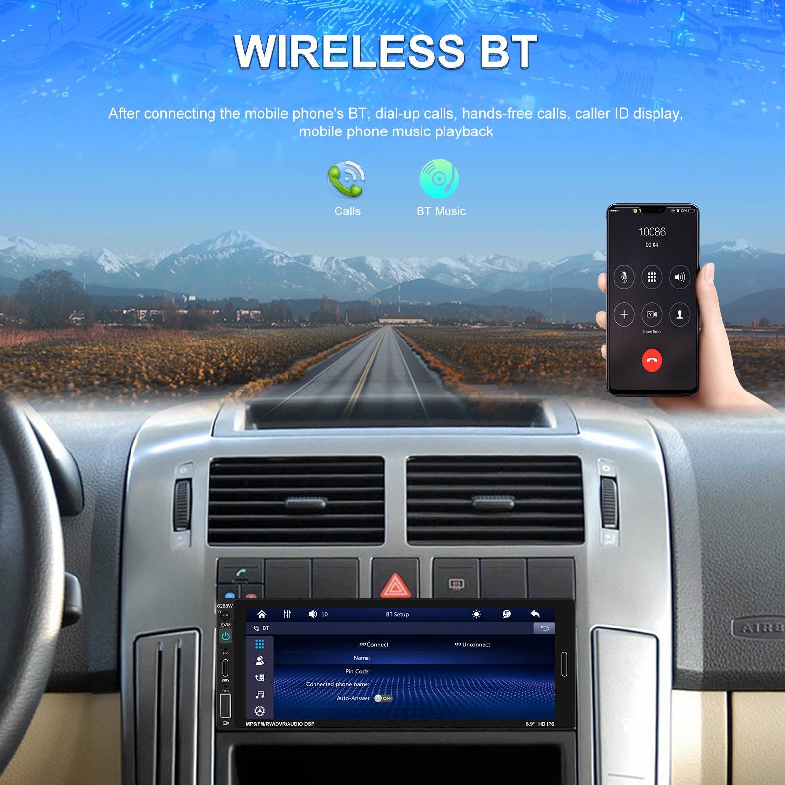 Podofo 6.86 Inch Wireless Carplay 1Din Car MP5 Player Touch Screen Android Auto BT TF AUX USB TYPE-C Rear View Camera Factory