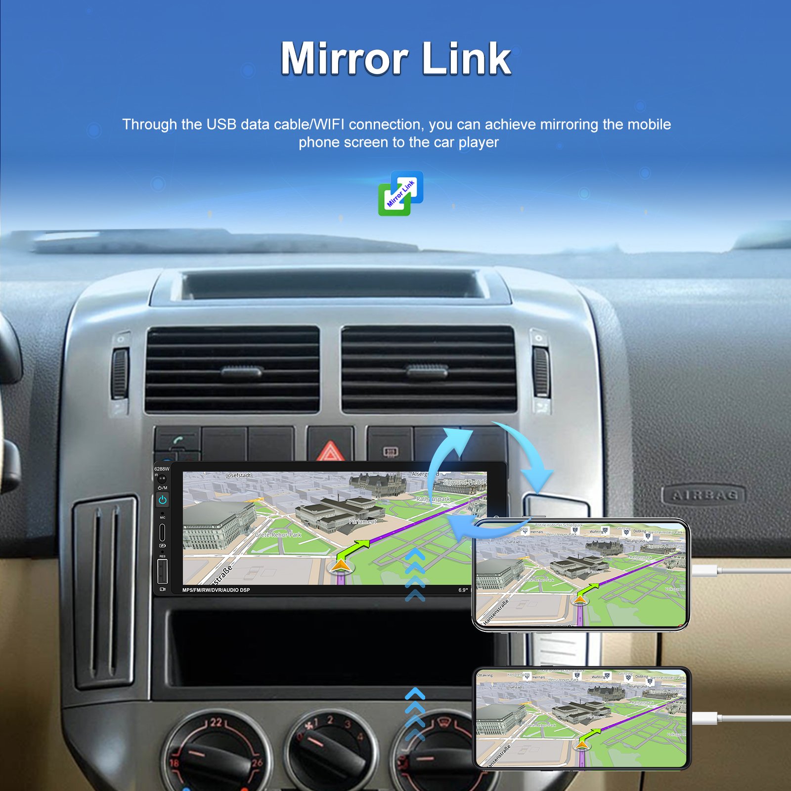 Podofo 6.86 Inch Wireless Carplay 1Din Car MP5 Player Touch Screen Android Auto BT TF AUX USB TYPE-C Rear View Camera Factory