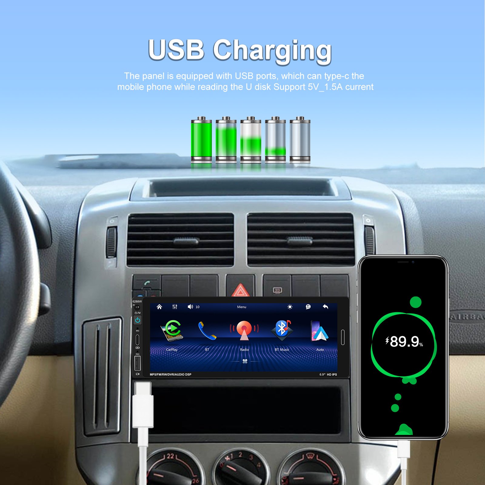 Podofo 6.86 Inch Wireless Carplay 1Din Car MP5 Player Touch Screen Android Auto BT TF AUX USB TYPE-C Rear View Camera Factory