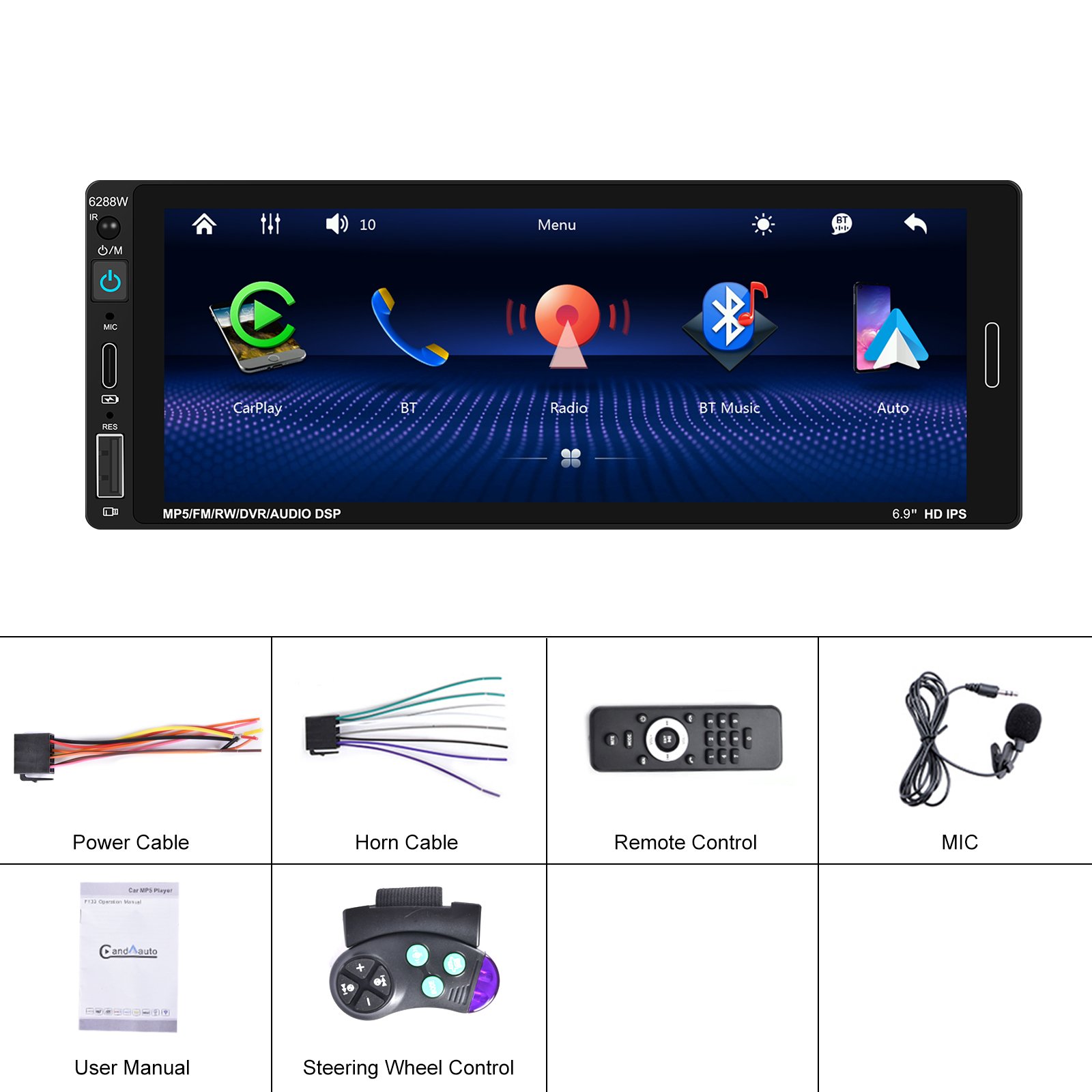 Podofo 6.86 Inch Wireless Carplay 1Din Car MP5 Player Touch Screen Android Auto BT TF AUX USB TYPE-C Rear View Camera Factory