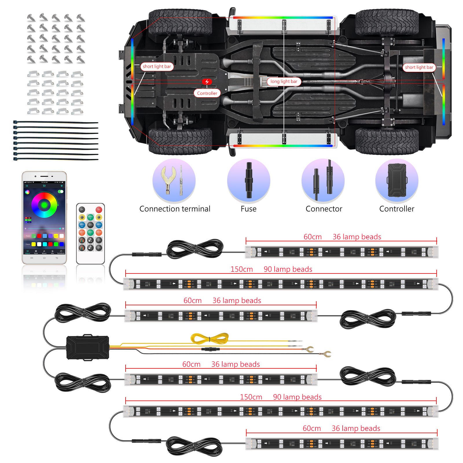 EURS Double row light beads new car phantom sound control chassis lights new APP RGB music rhythm lights LED car atmosphere lamp