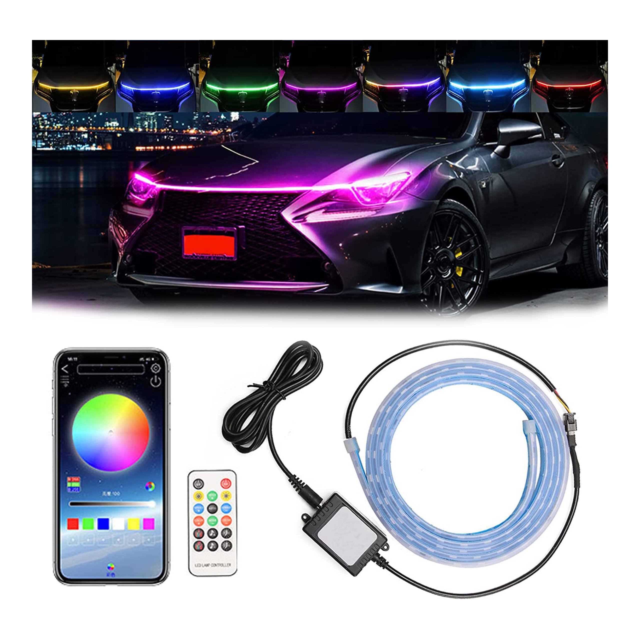 LED Car Hood Lights Strip Atmosphere Lamp Modified Flexible Auto Engine Cover Decoration Car Hood Daytime Running Light