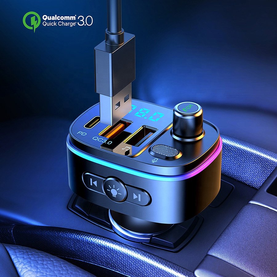 Car Accessories T65 Ambient Light Wireless BT Handsfree Calling Audio Receiver Car USB Type-c Ports QC3.0 PD Fast Charger