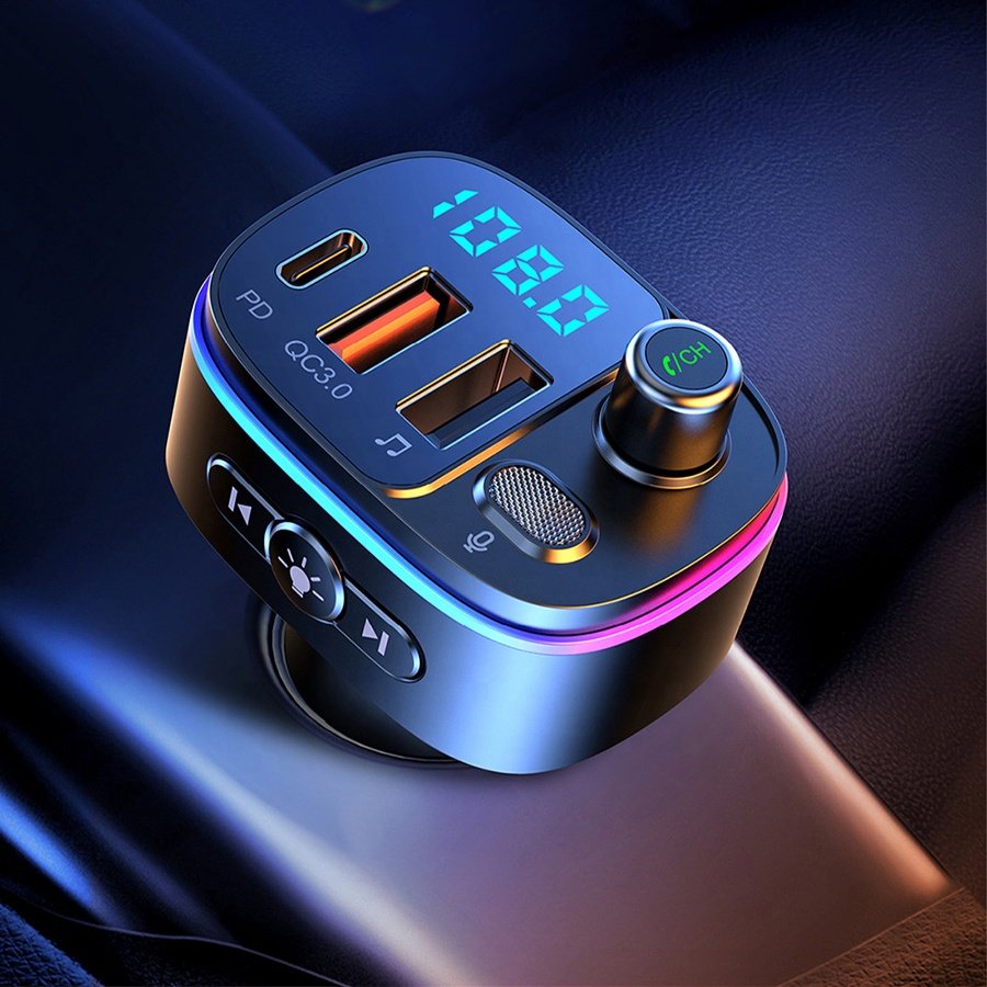 Car Accessories T65 Ambient Light Wireless BT Handsfree Calling Audio Receiver Car USB Type-c Ports QC3.0 PD Fast Charger