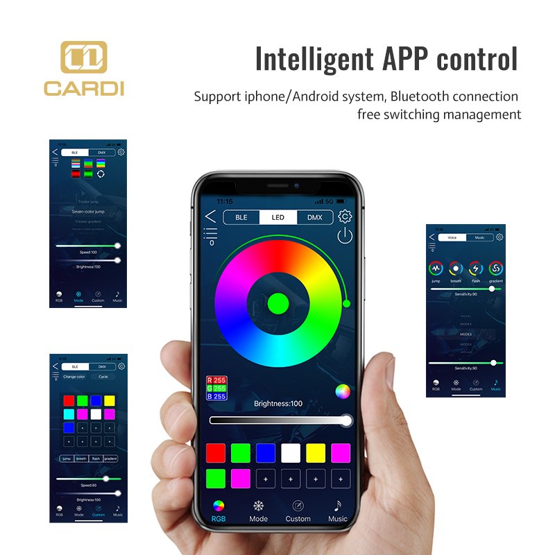 "CARDI" Smart Car LED Strip Lights Ambient Lighting Accessories APP Remote Control Music Sync Interior RGBIC Car Light Accessory