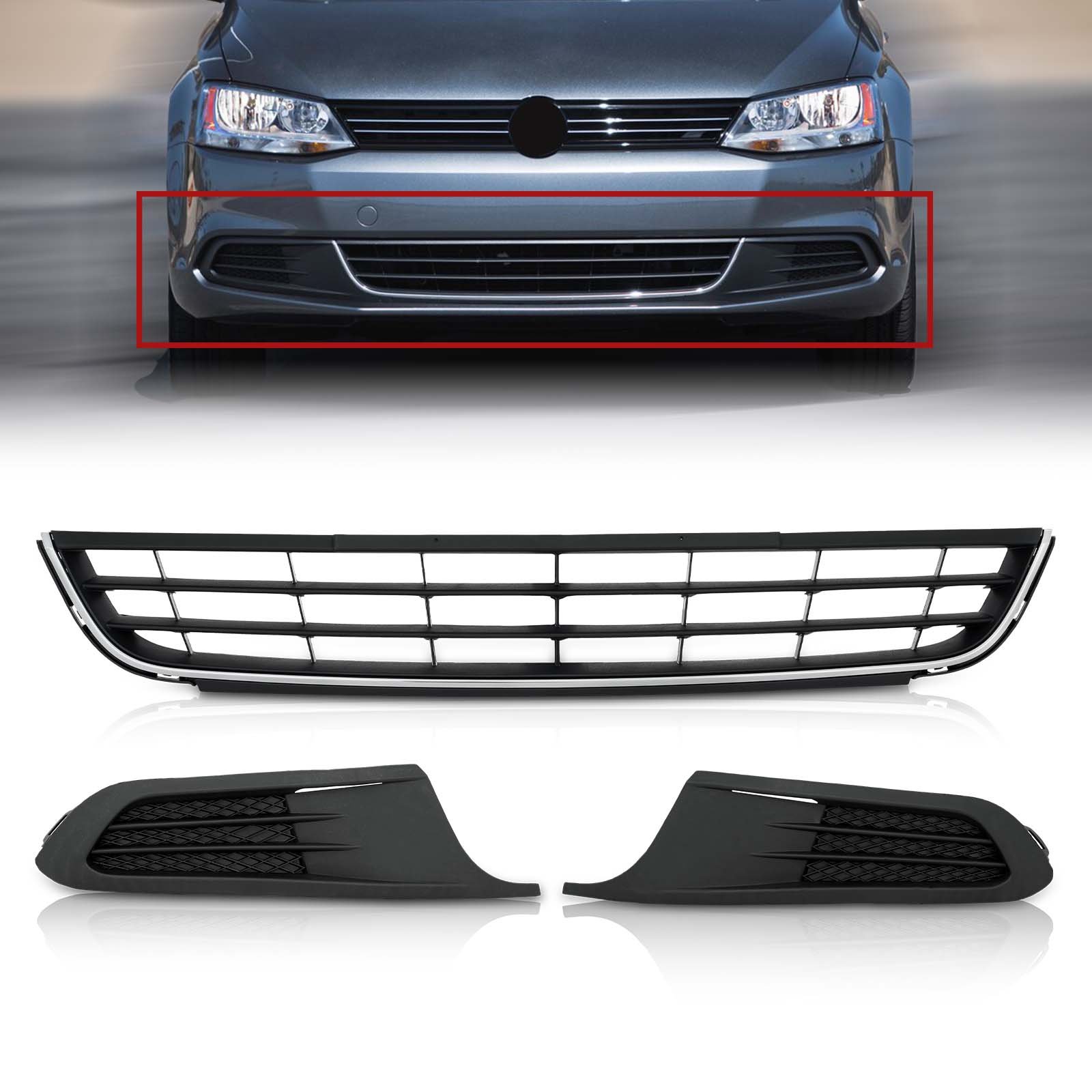 Auto Part Fog Lamp Covers 3PCS Front Bumper Lower Grille For 2011-2014 Volkswagen Jetta