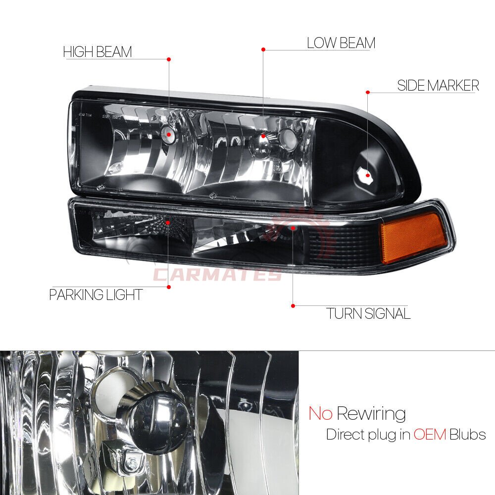 HEADLAMP FOR CHEVY Chevrolet S10 BLAZER 1998-2004 BLACK/AMBER HEADLIGHT BUMPER SIGNAL LIGHT GM2520162 GM2502172