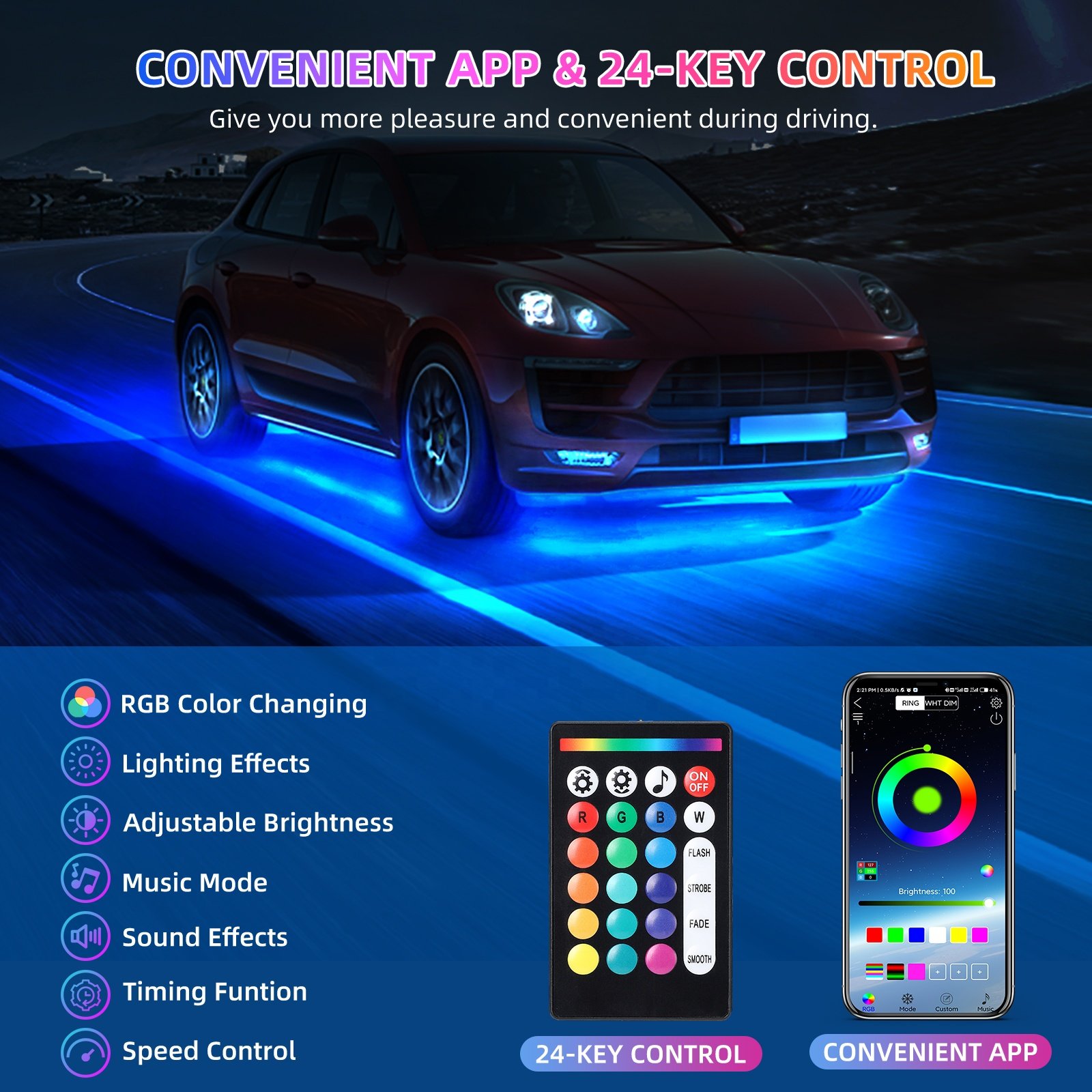 4PCS Underglow Light Kit RGB Led Strip Underbody With APP Remote Control Neon Light Under Glow Lights For Car 12v