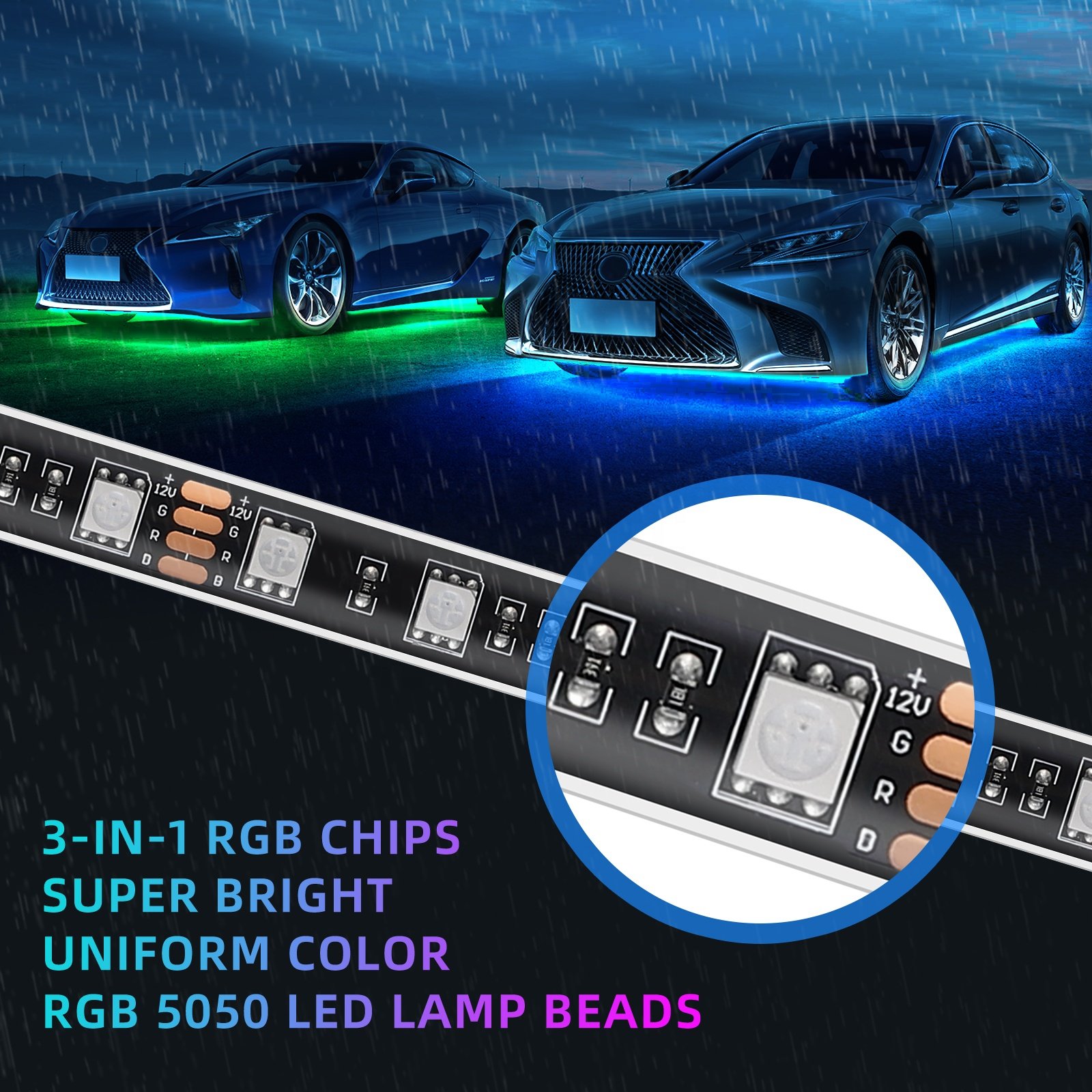 4PCS Underglow Light Kit RGB Led Strip Underbody With APP Remote Control Neon Light Under Glow Lights For Car 12v