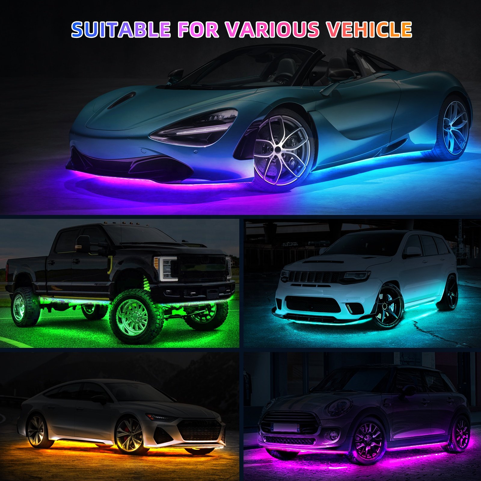 4PCS Underglow Light Kit RGB Led Strip Underbody With APP Remote Control Neon Light Under Glow Lights For Car 12v