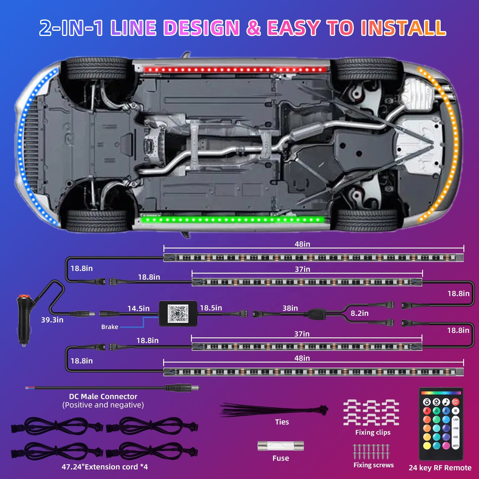 4PCS Underglow Light Kit RGB Led Strip Underbody With APP Remote Control Neon Light Under Glow Lights For Car 12v