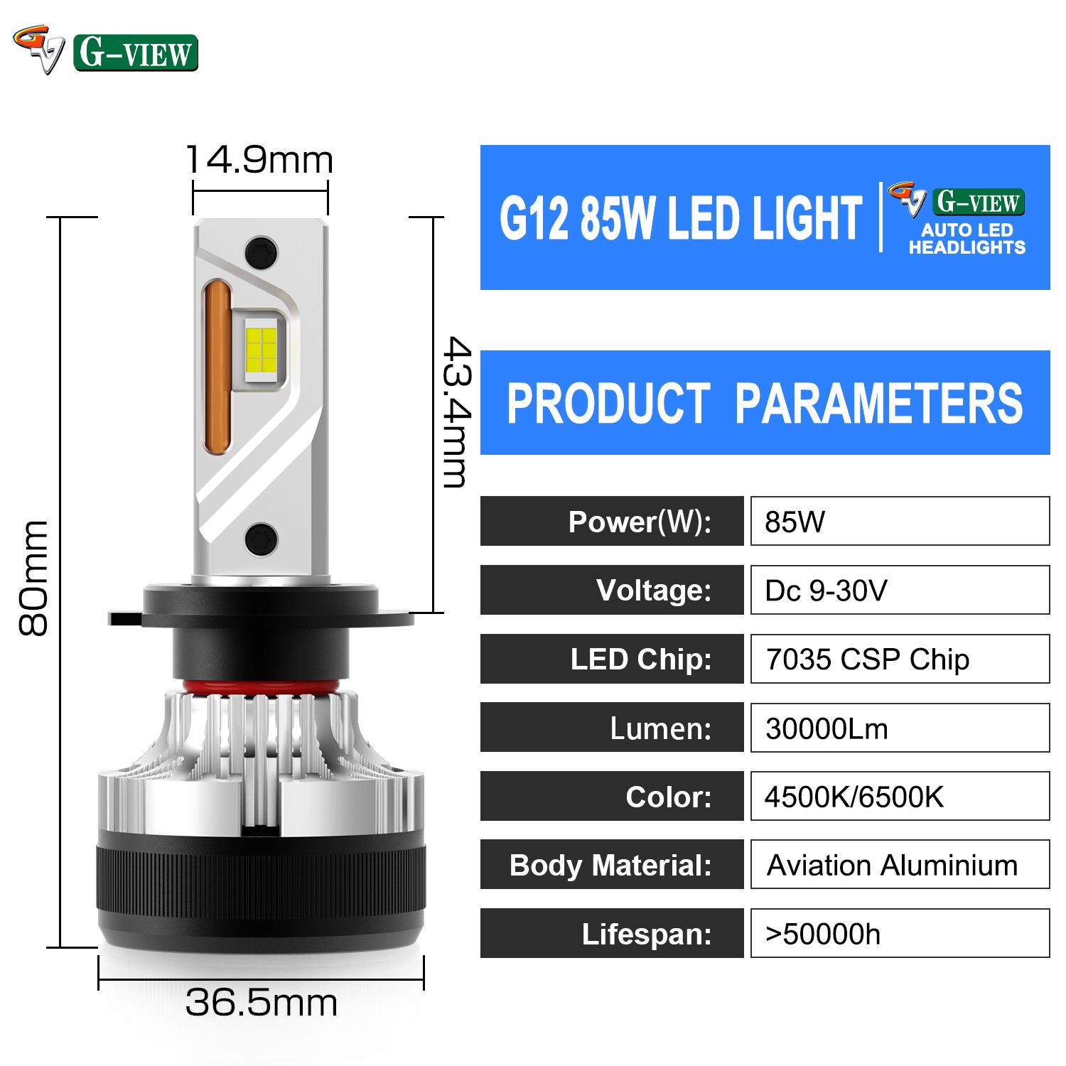 Gview Factory Wholesale G12W LED CSP 7035 Chips LED Headlights with Smart Fan H7 LED Headlights Auto LED Headlights for Cars