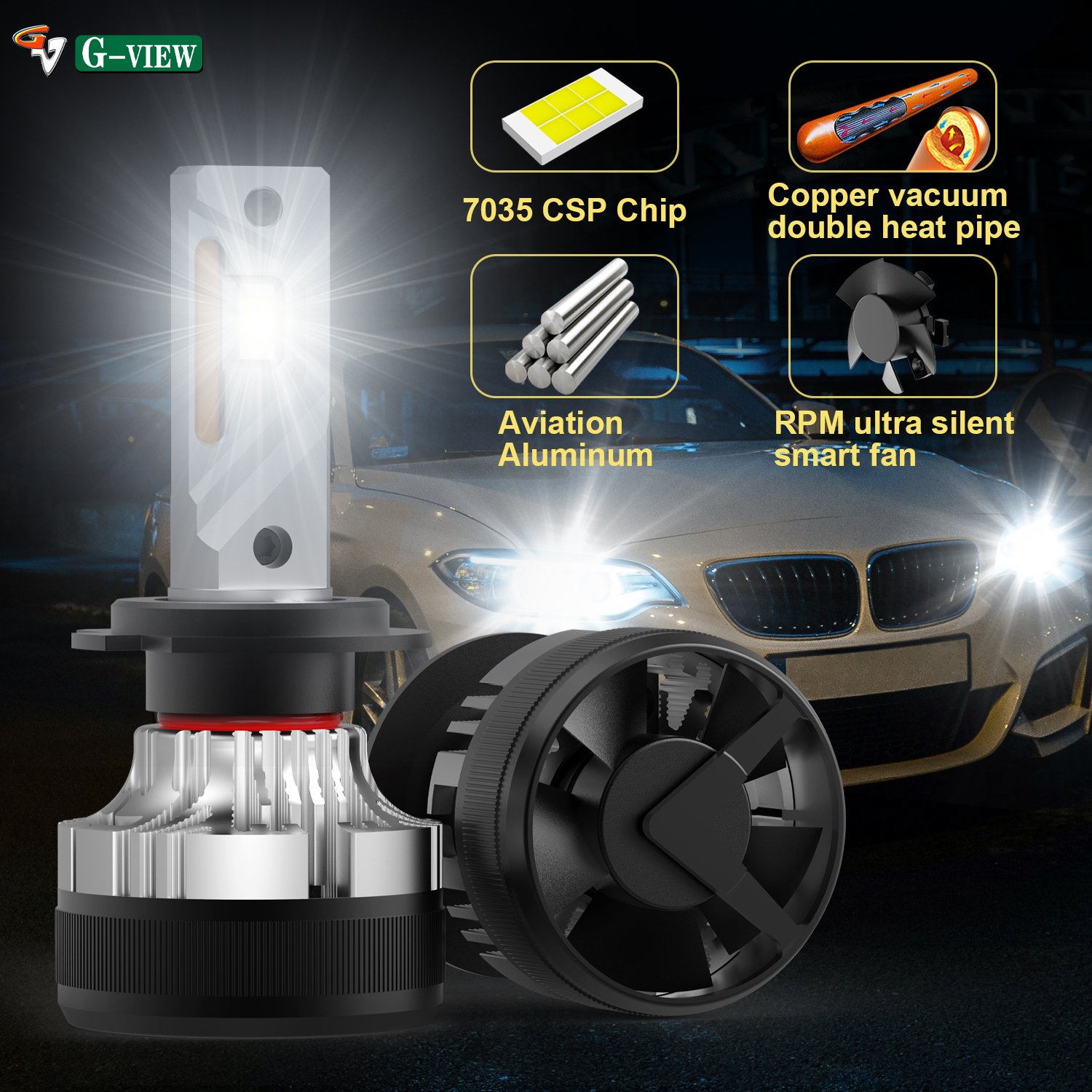 Gview Factory Wholesale G12W LED CSP 7035 Chips LED Headlights with Smart Fan H7 LED Headlights Auto LED Headlights for Cars