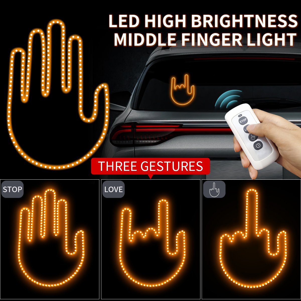 Wholesale hand gesture light led hand Sign Car Decoration Middle Finger LED Light For Universal Car Window Car Light Accessories
