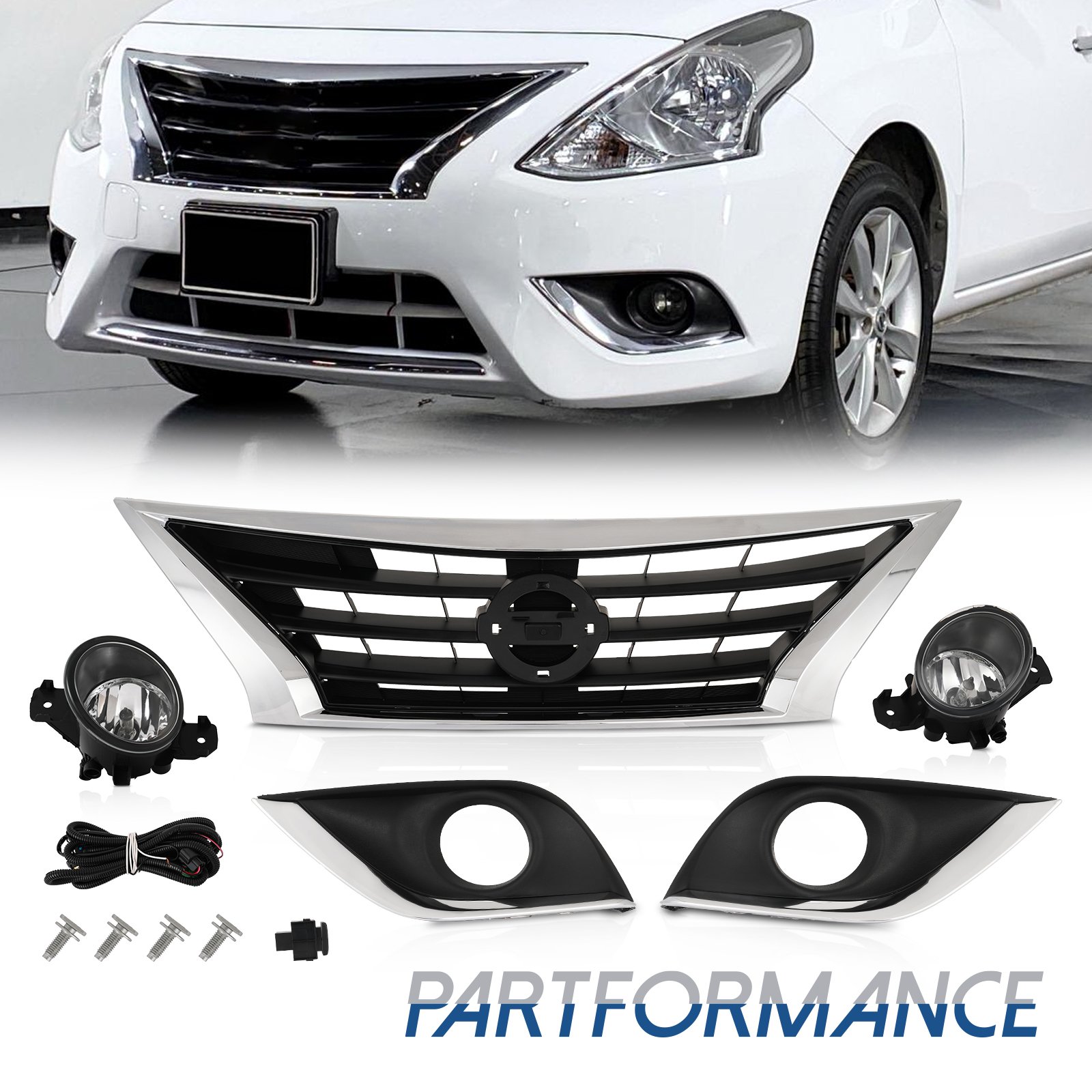 Front Upper Grille & Fog lights Set For Nissan Versa Sedan 2015-2019 5PCS
