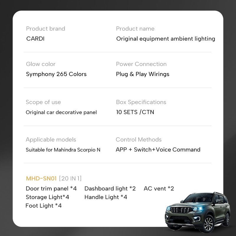 New Release "Cardi"12V LED Auto Accessory for Mahindra Scorpio N Original Car Ambient Lighting System Car Interior Light