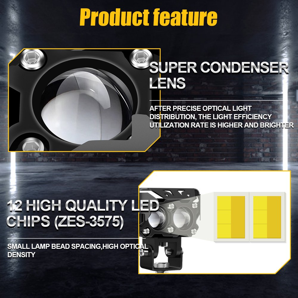 12V Dual Color LED Motorcycle Projector Auxiliary Light Headlight White Yellow Fog Driving Light for Offroad ATV Auto Spotlight