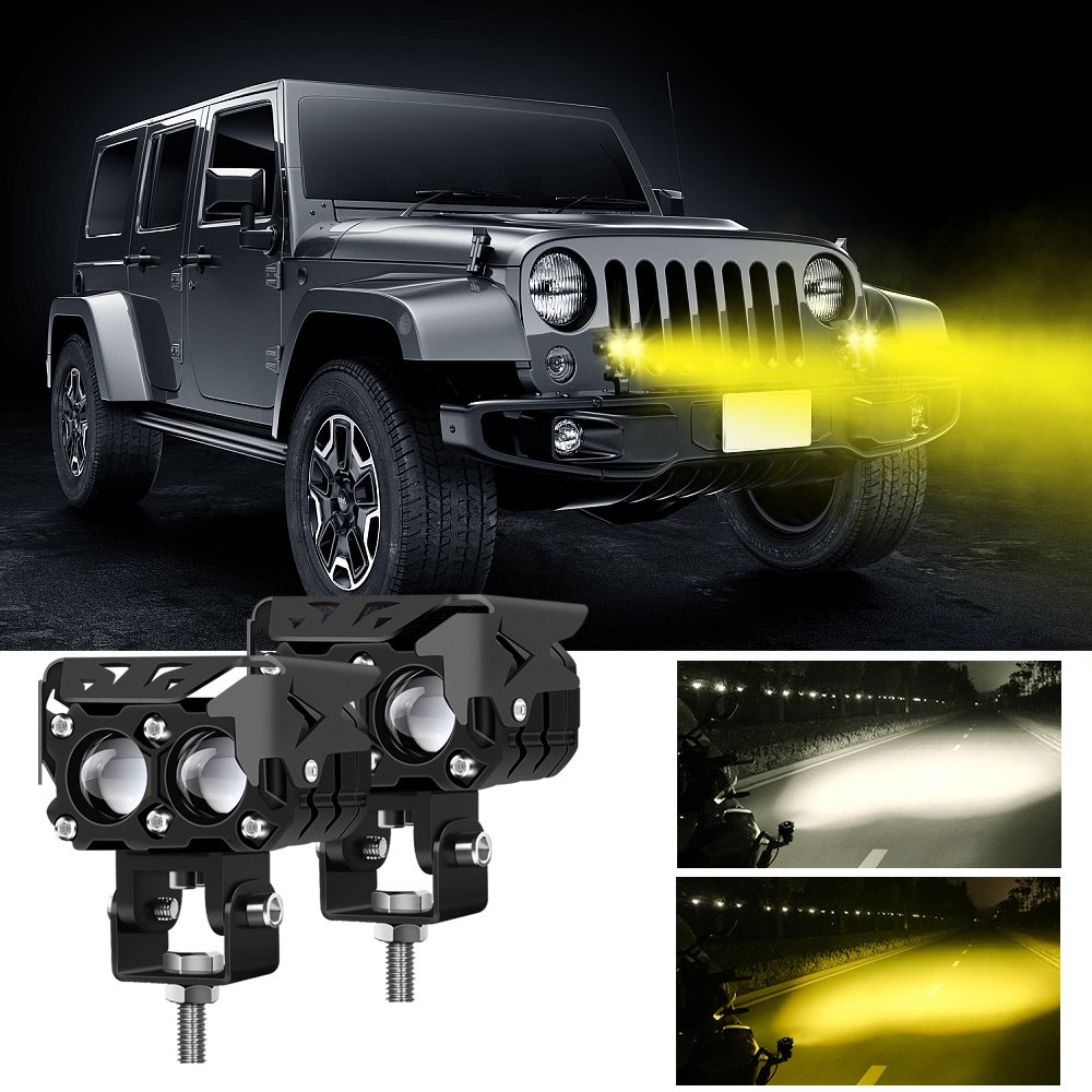 12V Dual Color LED Motorcycle Projector Auxiliary Light Headlight White Yellow Fog Driving Light for Offroad ATV Auto Spotlight