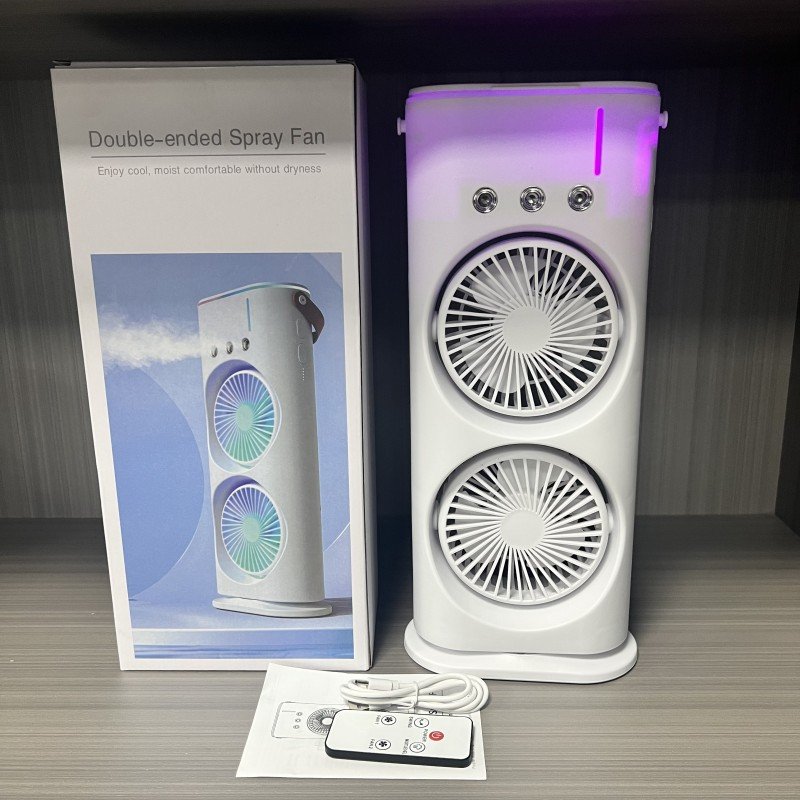 USB Powered Portable Misting Fan Dual Head 3-Speed Control Warm Night Light Adjustable Wind Direction High Wind Power Air Cooler