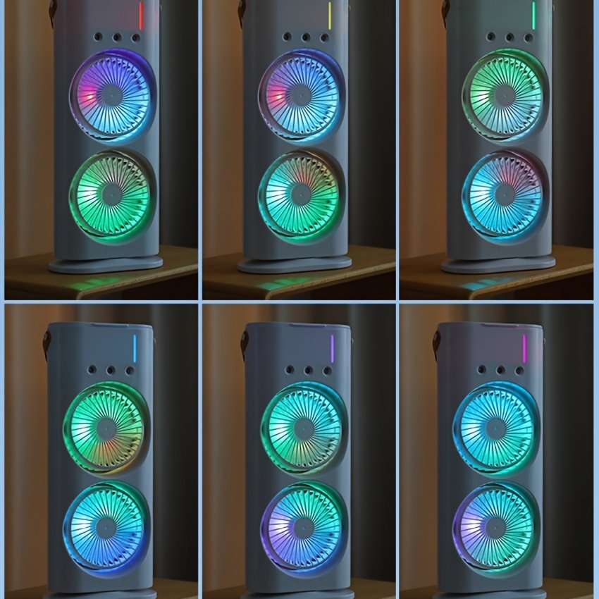 USB Powered Portable Misting Fan Dual Head 3-Speed Control Warm Night Light Adjustable Wind Direction High Wind Power Air Cooler