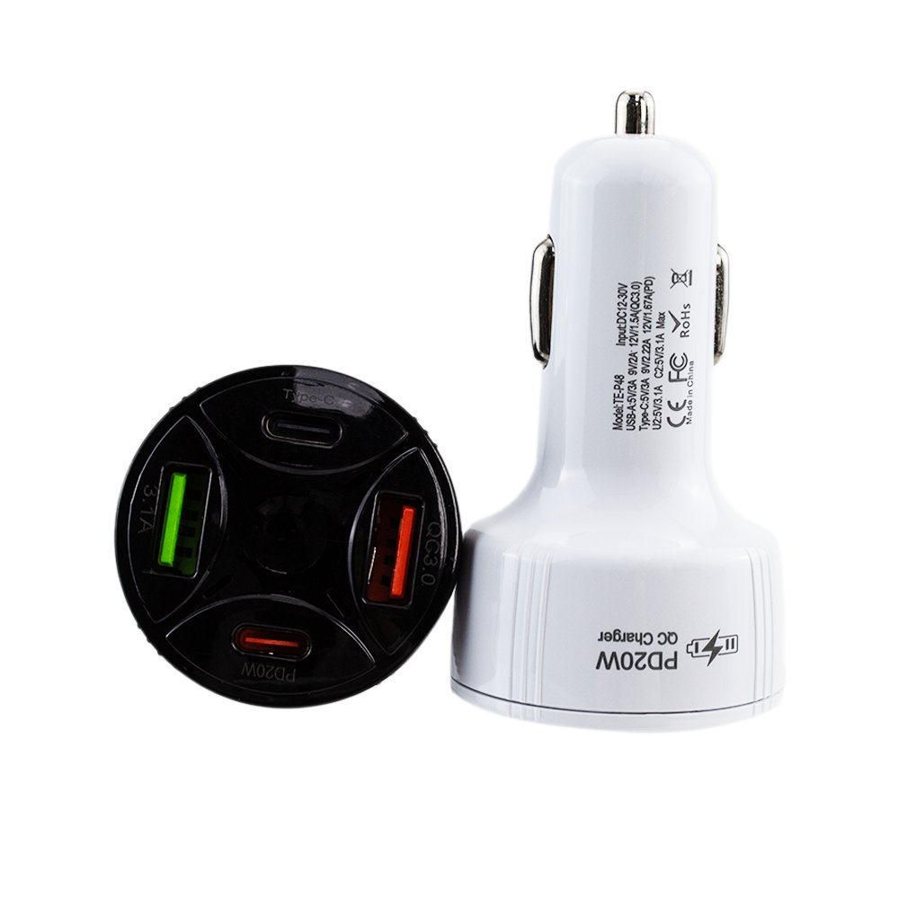 Smart Portable Four Port 2 USB 2 Type C Fast Car Charger PD 20 W QC 3.0 Car Charger