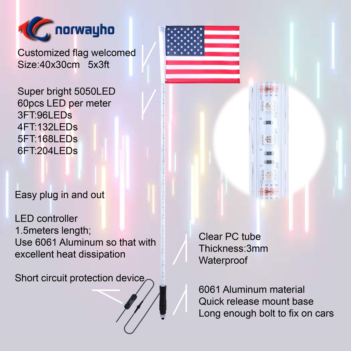 356 Different Patterns LED Light Whip Auto Antenna Chasing/Dancing Color LED Antenna LED Whip