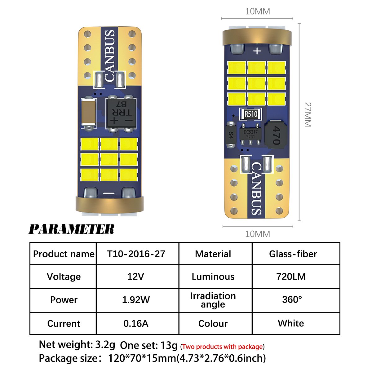 Factory Price 12V T10 W5W 194 168 2016 SMD 27 LED Roof Bulb Accessories Flash Light Car Interior LED Bulbs 501 lights