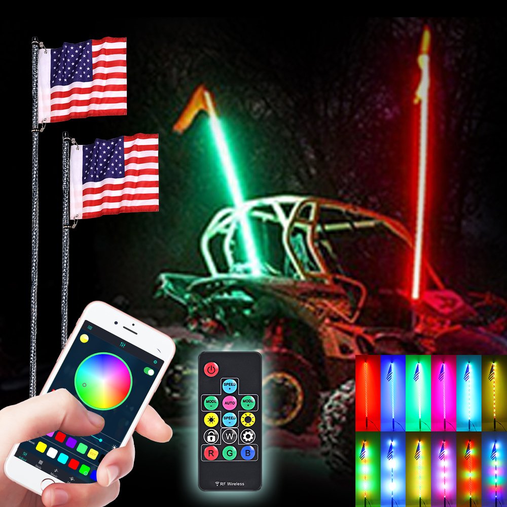 Remote App Control Spiral Rgb Color Boat Car Antennas Offroad Led Light Up For Car Rzr Utv Atv Flag Pole Led Light Whip Light