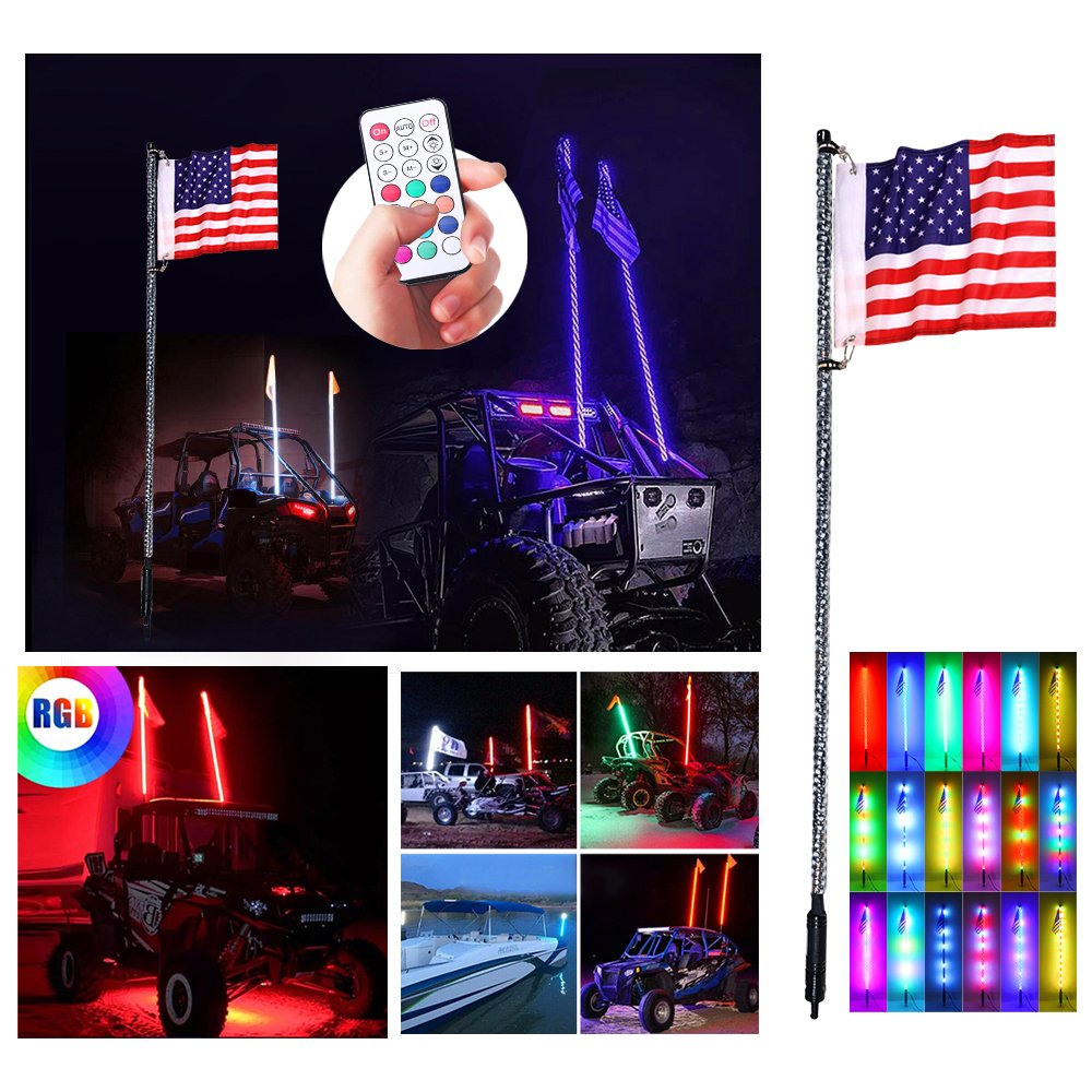 Remote App Control Spiral Rgb Color Boat Car Antennas Offroad Led Light Up For Car Rzr Utv Atv Flag Pole Led Light Whip Light