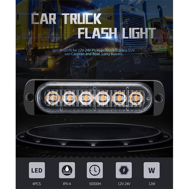 12v 24v 6led 12w Red Amber Strobe Warning Light Strobe Mode Flash Side Lights Auto Lighting Accessories