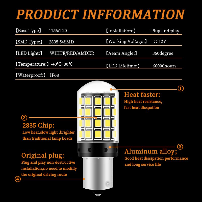 HOLY Wholesale car styling 15W S25 1156 1157 BA15S BAY15D 3030 54SMD 12V White Car LED Signal Lights LED Back Up Reverse Lamp