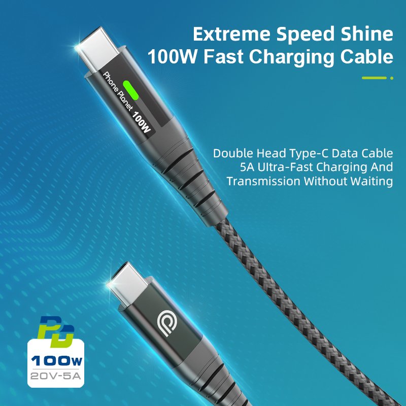 Phone Accessories 2024 Charging Data Cable With Led Light 100w Type C Charging Cable With Light
