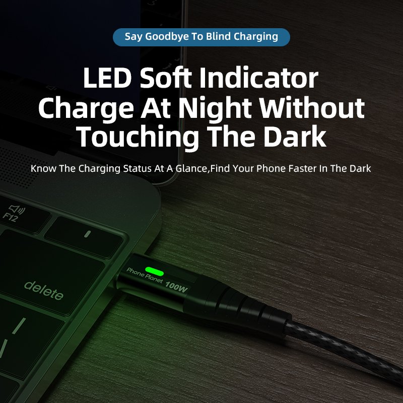 Phone Accessories 2024 Charging Data Cable With Led Light 100w Type C Charging Cable With Light